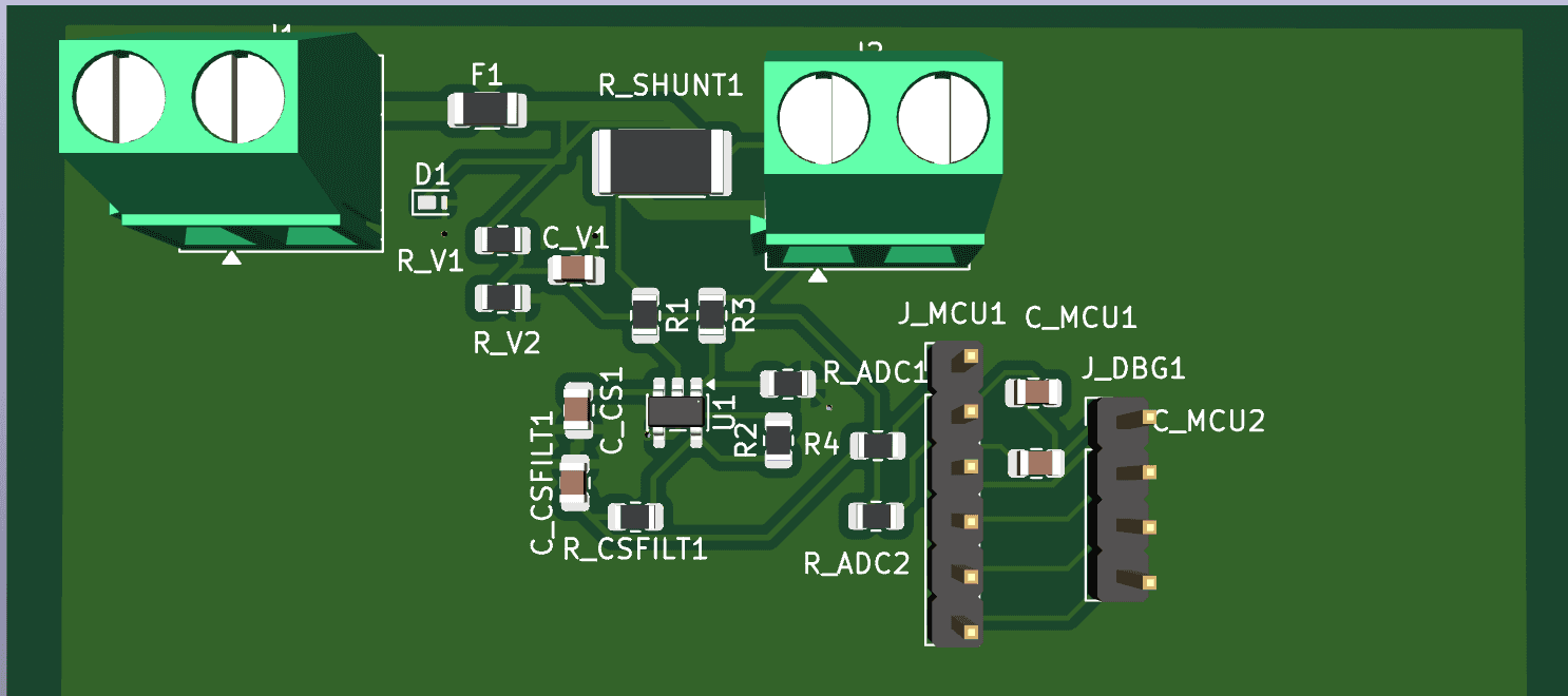 3D rendered assembled analog power monitoring PCB